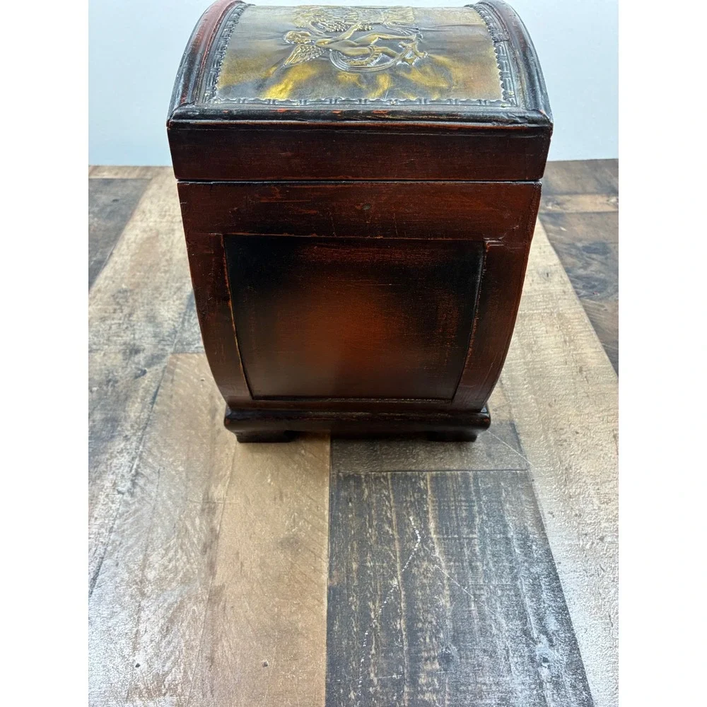 Vintage Wooden Treasure Chest Jewelry Box Cherub Relief Brown Gold Small Trunk